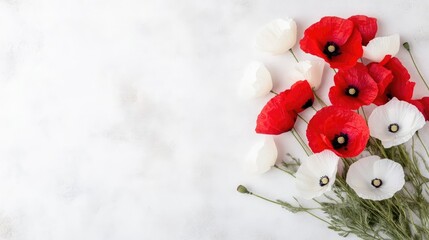 Red and white poppies form a bouquet on a white marble background. The image is high-resolution with bright, natural lighting. A minimalist style conveys serenity. The contrast of colors is striking
