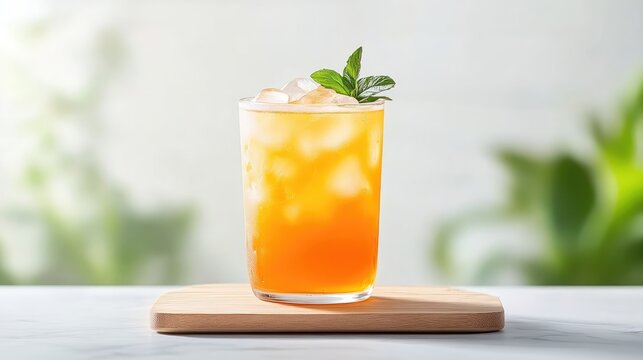 A refreshing glass of iced tea with mint garnish on wooden tray, soft focus background with green plants, and concept of summer hydration and relaxation.