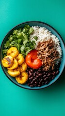 Venezuelan dish with rice black beans plantains and beef