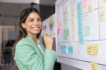 Happy beautiful Latin businesswoman making Kanban board with sticky notes in office, using scrum method for planning, tasking, project management, looking away, smiling, laughing