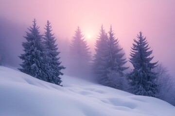Fototapeta premium Winter Landscape With Snow-Covered Trees and Soft Pink Sunrise in a Foggy Mountain Area