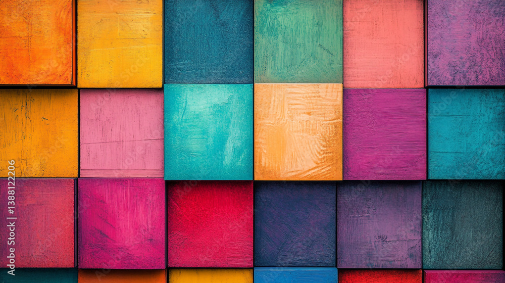 Poster colorful squares arranged in a grid pattern with textured surfaces and vibrant hues creating a mosai