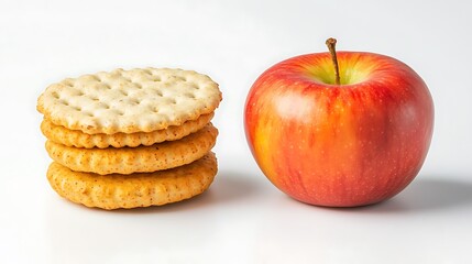 Stack of crackers next to a red apple on a white background plain