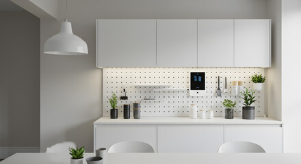 Fototapeta premium Modern Smart Kitchen Cabinet with Pegboard Backsplash and App Integration