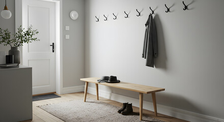 Cozy Scandinavian Entryway with Wooden Bench Hats and Hooks for Jackets