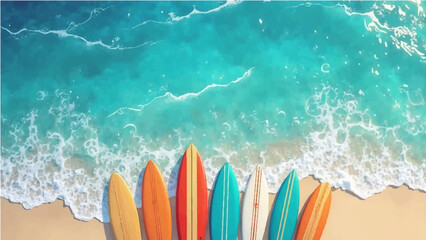 vector illustration of multiple surfboards lined up vertically along the bottom edge of the image, with a top-down view of clear blue ocean water in the background. The water has light reflections and