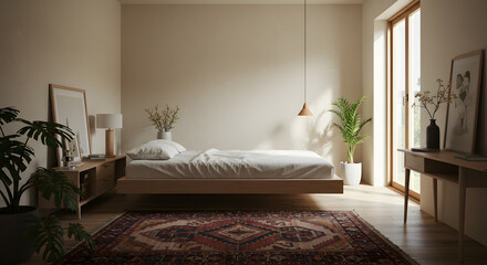 Serene Minimalist Bedroom with Floating Bed and Vintage Kilim Rug