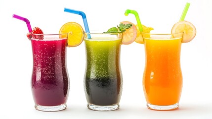 Three glasses of colorful juice with straws and fruit garnishes