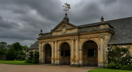 Obraz premium Neoclassical Carriage House Facade with Arched Openings Under Dramatic Skies