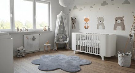 Charming Nordic Inspired Nursery Interior Design With Animal Decals and Cloud Rug