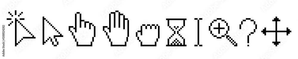 Poster pixel cursor icon set, mouse click cursor, hourglass, magnifier, question mark, increase