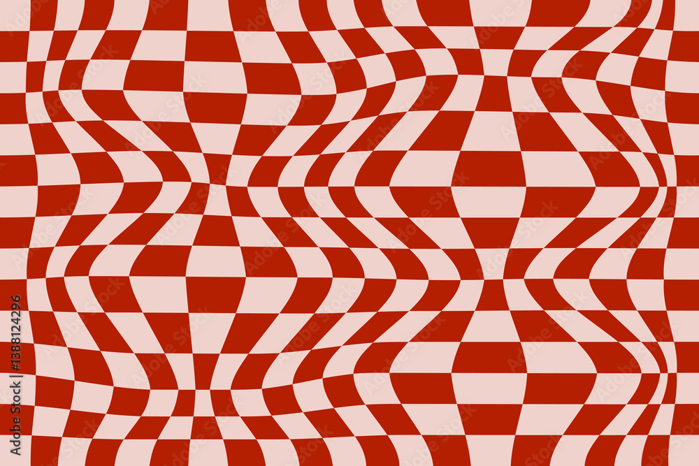 Poster Wavy checkered pattern, wave cover design background. Abstract optical illusion with hypnotic effect. Distorted grid composition