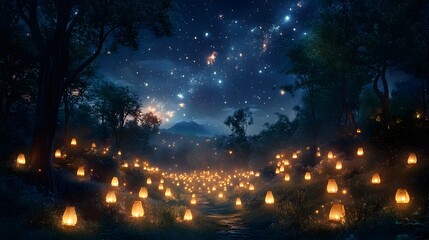 Naklejka premium A starry night sky above a forest clearing decorated with glowing lanterns