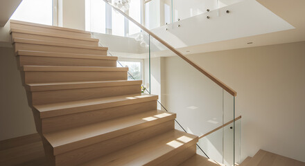 Modern Home Interior Featuring Wooden Staircase with Glass Railings and Natural Light
