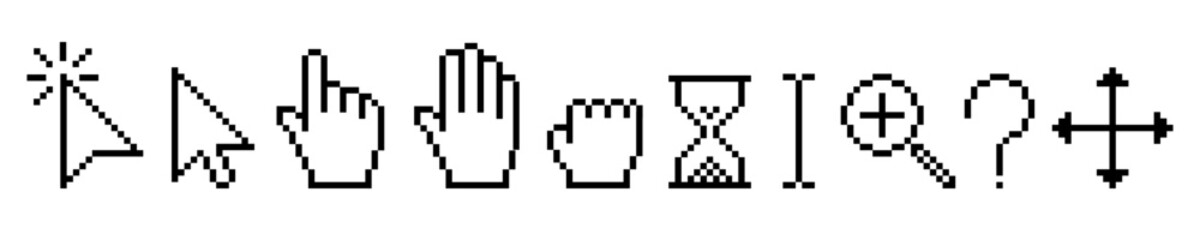 Pixel cursor icon set, mouse click cursor, hourglass, magnifier, question mark, increase
