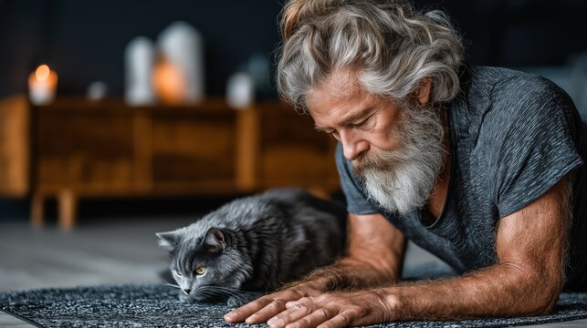 Senior man practicing yoga with cat indoors in peaceful environment for International Yoga Day, pet-friendly wellness campaigns, and senior health awareness in calming natural tones.