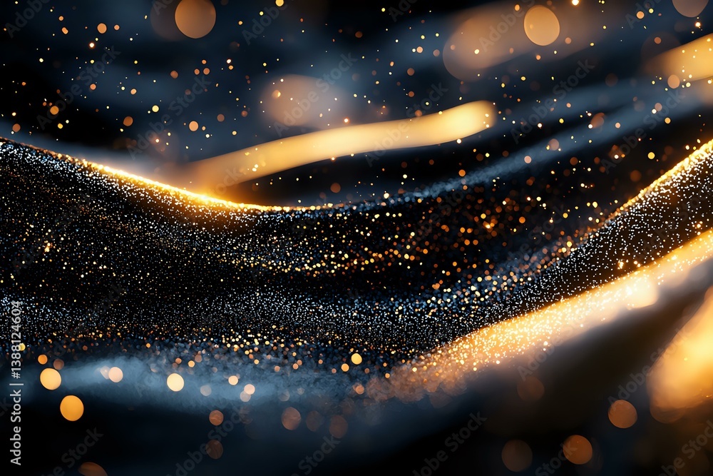 Poster abstract glowing golden and blue waves with sparkling particles and bokeh lights against dark backgr