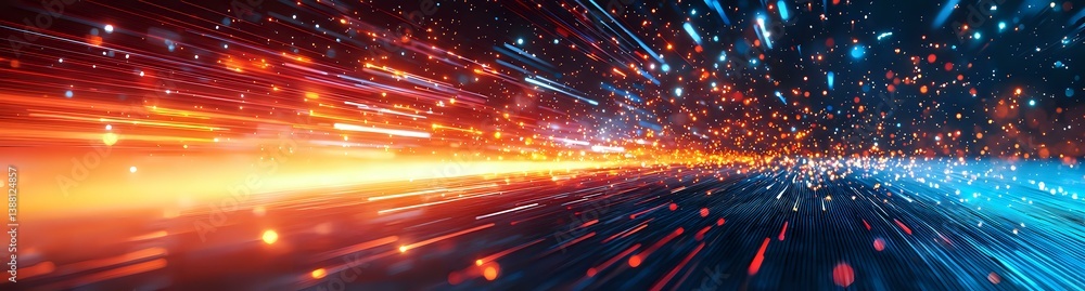 Poster abstract light trails and particles bursting in orange and blue colors creating dynamic motion effec