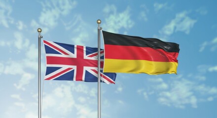 National Flags of the United Kingdom and Germany Flying Side by Side Against a Clear Blue Sky