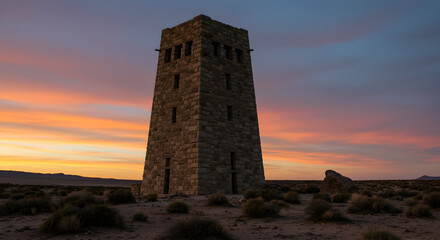 Monumental Stone Watchtower Against a Vibrant Sunset in the Expansive Desert Landscape