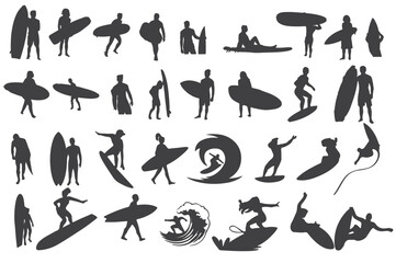 A collection of surfing silhouettes featuring different surf poses and actions. Ideal for sports, adventure, and ocean-themed designs.