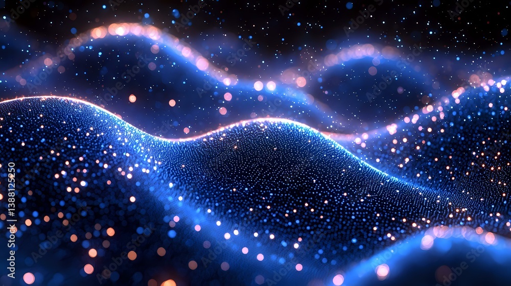 Poster glowing blue waves with sparkles and bokeh effects on dark background create mesmerizing abstract pa