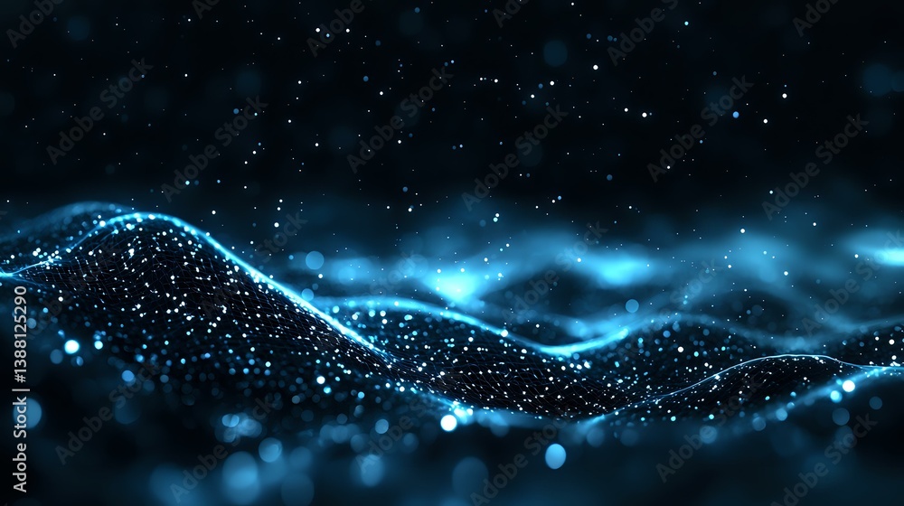 Poster glowing blue particles form dynamic wave pattern against dark background with bokeh light effects an