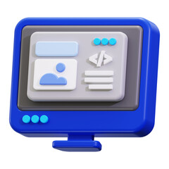 Frontend developer designing on blue 3D computer monitor. Perfect for tech blogs, web development articles, and digital marketing presentations