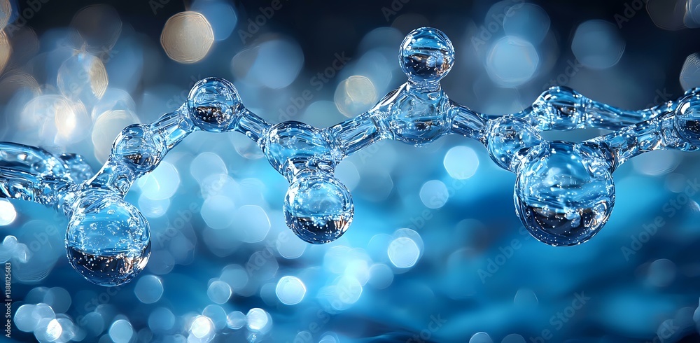 Poster sparkling water drops connected in chain formation against blurred blue bokeh background creating ma