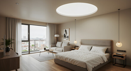 Fototapeta premium Modern Studio Apartment With Circular Skylight Above The Bed And City View