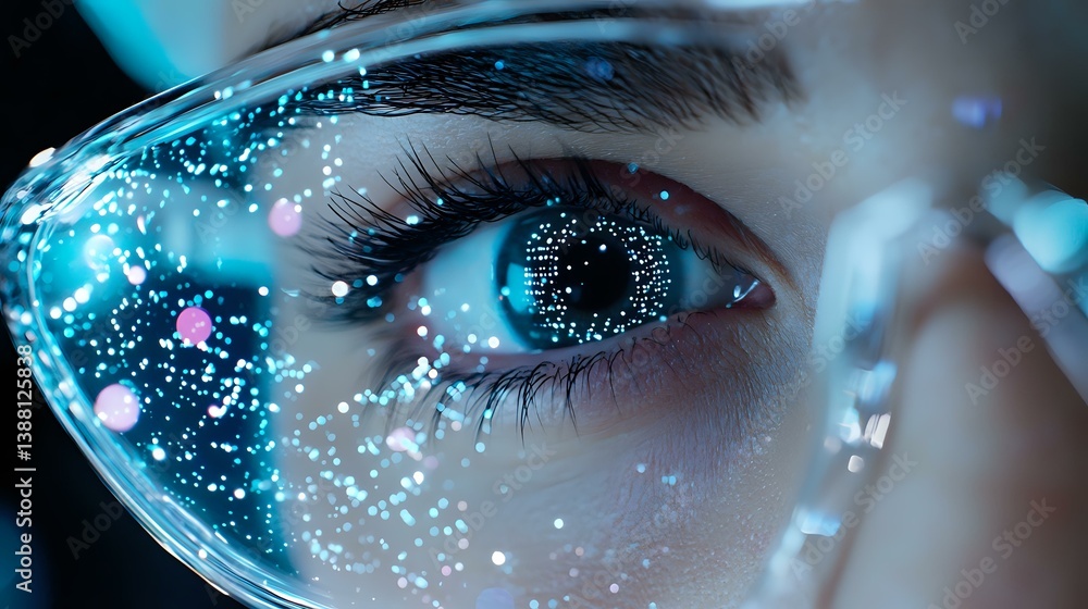 Aufkleber close-up of human eye with digital technology overlay effect, glowing blue cybernetic visualization 