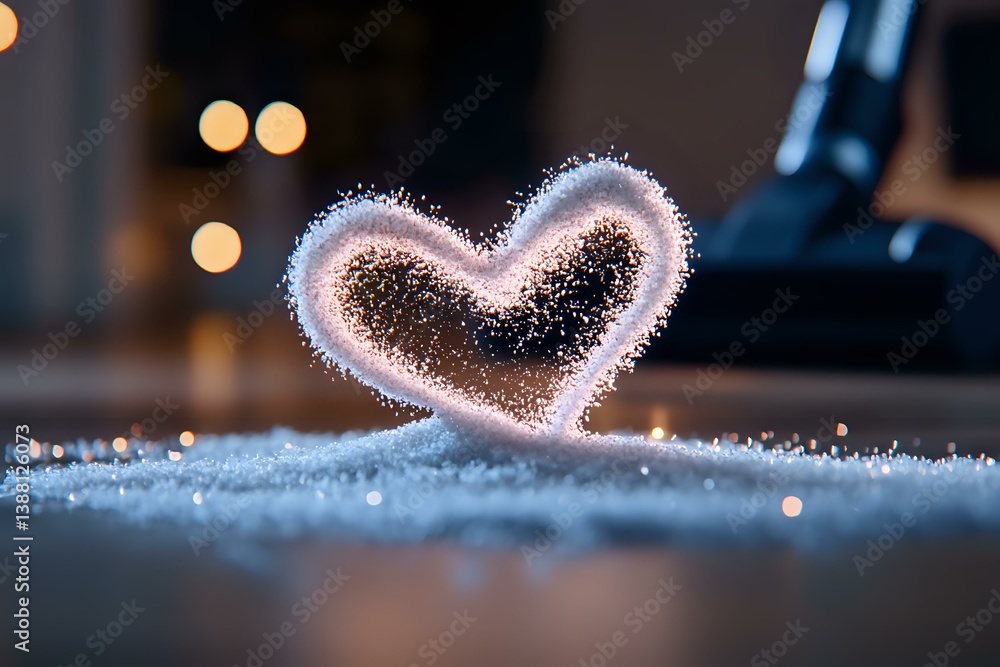Poster glowing heart shape drawn with light against dark background with bokeh and frost crystals, creating