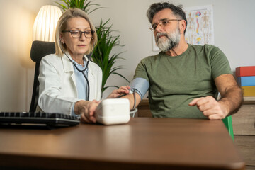 Handsome mature male patient seated in medical room having his blood pressure checked by mature doctor. Mature white female physician checking male patients blood pressure in health clinic
