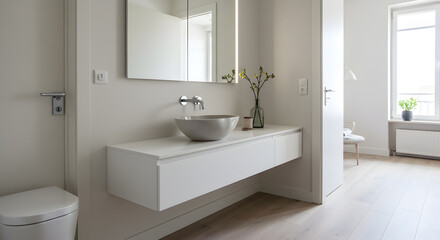 Modern Studio With A Floating Vanity And Vessel Sink Interior Design