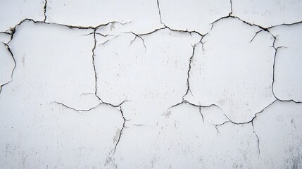 Obraz premium A detailed close-up shot reveals a textured white wall surface with a network of extensive cracks creating a distressed and aged aesthetic perfect for design backgrounds.