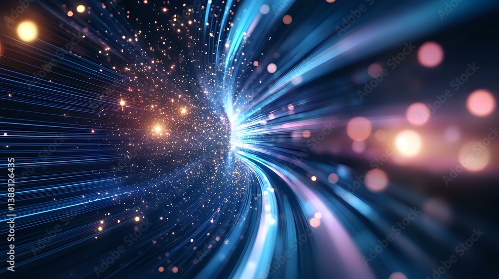 Poster abstract cosmic tunnel with glowing blue light rays and orange particles creating dynamic motion eff