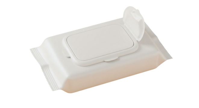 A slightly open package of white baby wipes with a white plastic lid on a black isolated background