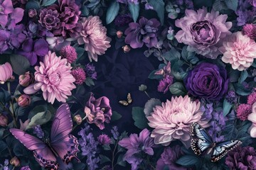 Beautiful floral arrangement with butterflies in shades of purple