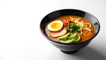 Close-up of ramen bowl on white, broth, noodles, toppings , culinary art, vegetables, pork