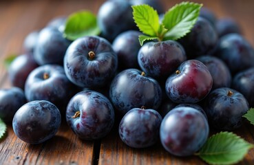 Fototapeta premium Fresh black plums with green leaves on wooden surface. Juicy, ripe fruit harvest of summer. Healthy organic dessert for nutrition, food. Abundance of ripe plums on the table.