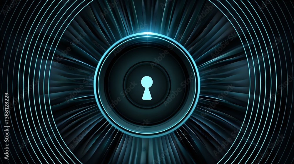 Poster glowing blue keyhole with radiating light rays and concentric circles on dark background creates fut