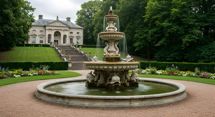 Fototapeta premium Neoclassical Fountain with Tiered Basins and Dolphin Sculptures in a Formal Garden