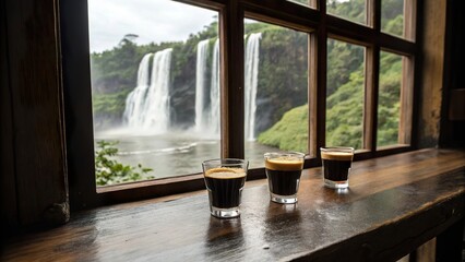 Espresso shots enjoyed with stunning waterfalls in a serene natural setting near the window