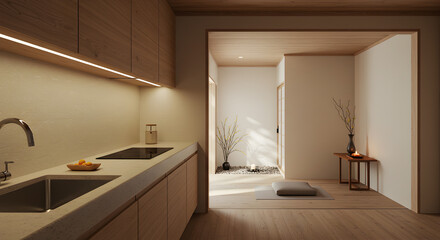Fototapeta premium Serene Japanese Kitchen Flowing into a Tranquil Meditation Space Rendering