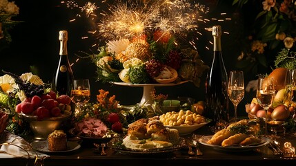 Fototapeta premium A forest clearing glowing softly with lanterns and surrounded by starry skies