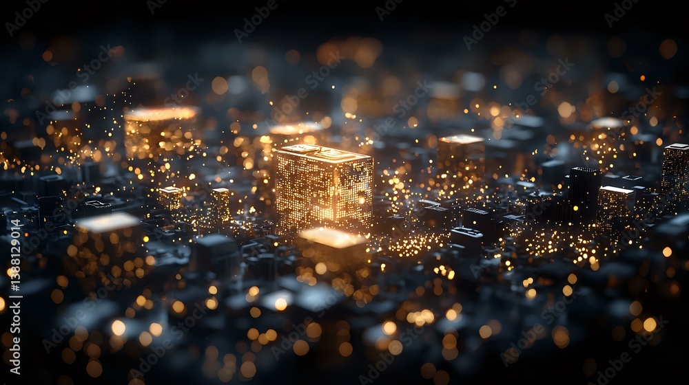 Poster glowing golden cubes with magical light particles floating in dark space, creating mysterious atmosp
