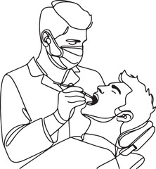 Line Drawing of Dentist Checking Teeth and Filling Cavities