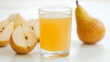 A glass of pear juice with sliced pears on a white surface table