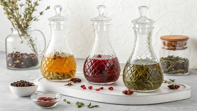 Herbal teas elegantly arranged in crystal carafes showcasing vibrant colors and aromatic herbs in a serene setting