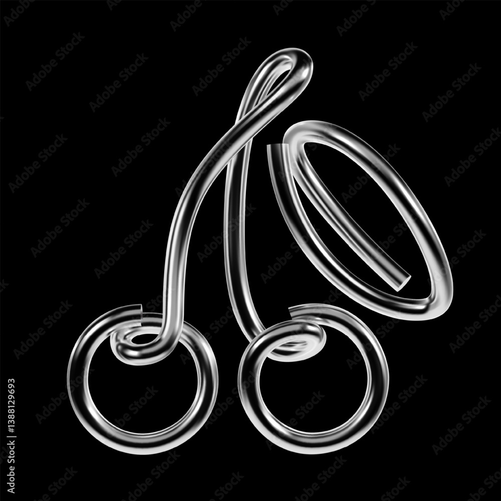 Poster 3d chrome abstract shape in y2k style. glossy metallic twisted line design resembling stylized cherr